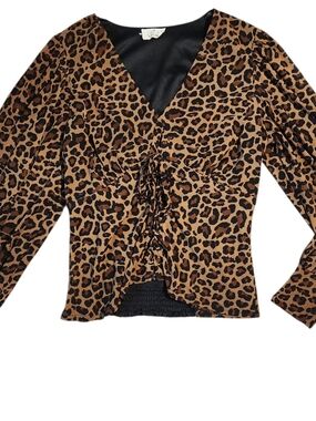 Leopard Sheer Sleeve Ruched Lace-Up Top - Y2K Indie Sleaze